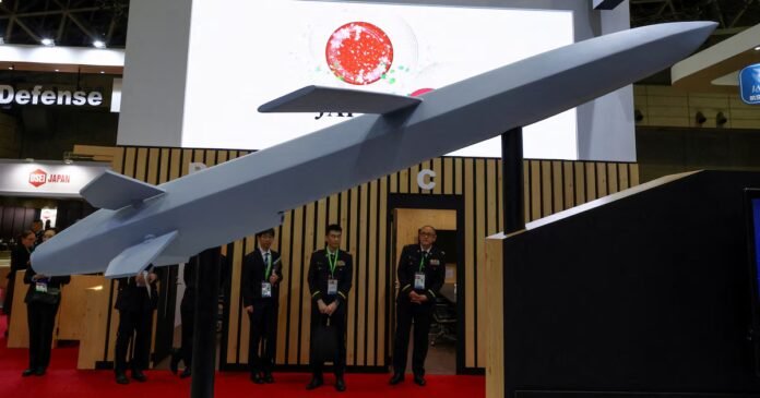 FILE PHOTO: A mock model of an upgraded Type-12 SSM is displayed during the Defence Security Equipment International (DSEI) Japan at Makuhari Messe in Chiba, east of Tokyo, Japan May 21, 2025. REUTERS/Kim Kyung-Hoon/File Photo