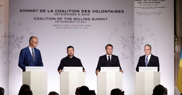 German Chancellor Friedrich Merz,  Ukrainian President Volodymyr Zelenskiy, French President Emmanuel Macron, and British Prime Minister Keir Starmer address a press conference after the Coalition of the Willing summit on security guarantees for Ukraine at the Hotel des Invalides in Paris, France, 13 July 2026. TERESA SUAREZ/Pool via REUTERS