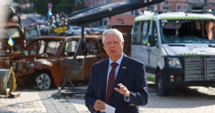 A picture taken on July 10, 2026 shows U.S. Senator Lindsey Graham (R-SC) speaking to the media after his meeting with Ukraine's President Volodymyr Zelenskiy, amid Russia's attack on Ukraine, in Kyiv, Ukraine. REUTERS/Valentyn Ogirenko