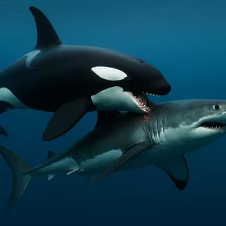 Dans les eaux du golfe de Californie, au Mexique, des orques ont été vues en train de renverser de grands requins blancs pour les immobiliser avant de s’attaquer à leur foie. © CB avec IA ChatGPT