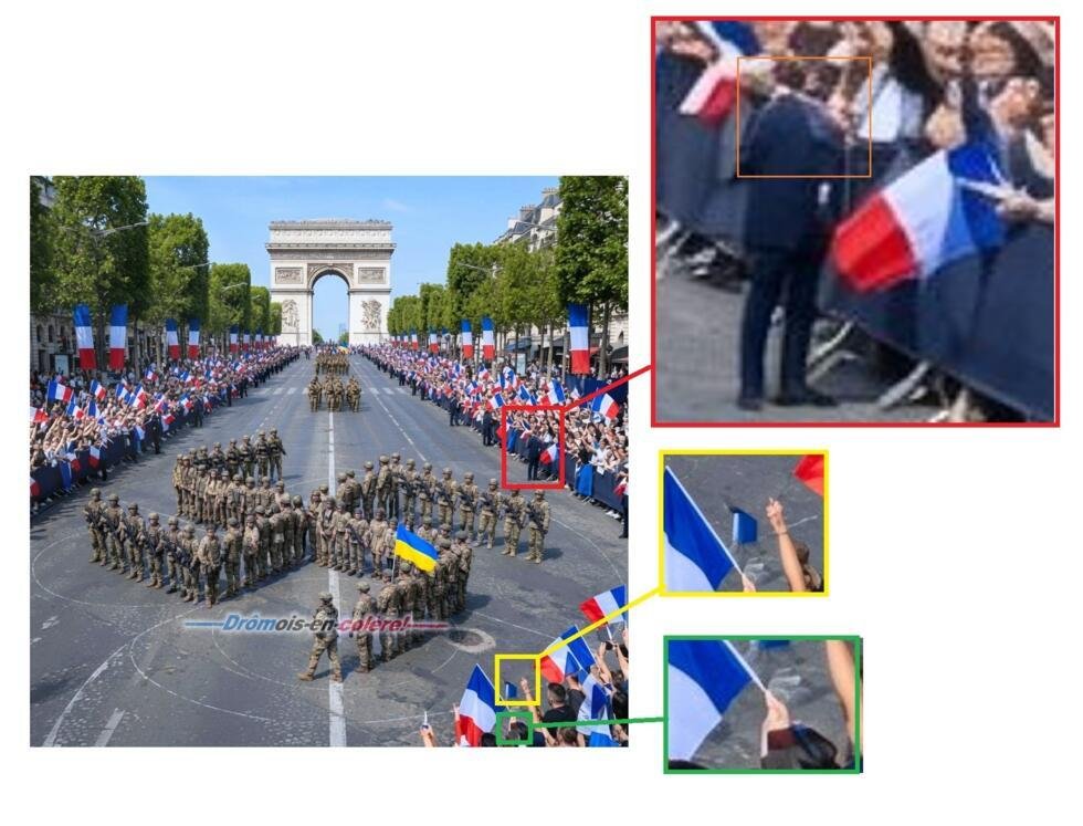 Voiture de luxe, croix gammée… Les intox qui ont visé l’Ukraine lors du défilé du 14 juillet 3 Des défauts d'anatomie prouvent que la prétendue photo du défilé du 14 juillet où l’on voit des soldats ukrainiens former une croix gammée a été générée par IA.