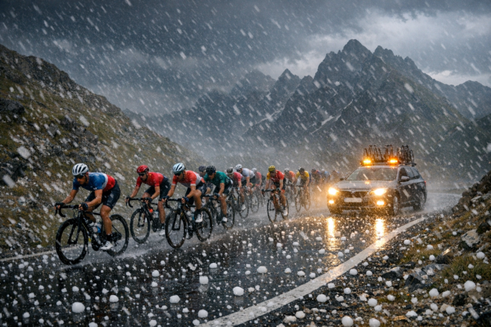La Vuelta arrêtée à 15 km de l’arrivée après un violent épisode de grêle dans les Pyrénées La Vuelta arrêtée à 15 km de l’arrivée après un violent épisode de grêle dans les Pyrénées